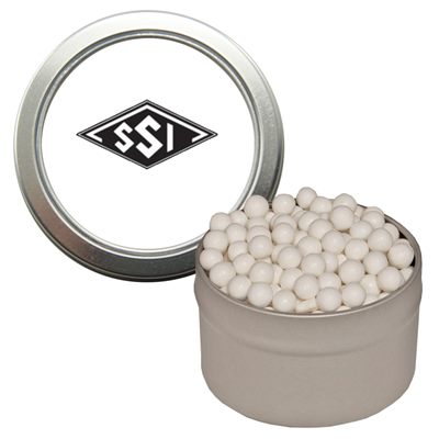 Round Window Tin Filled With Peppermints
