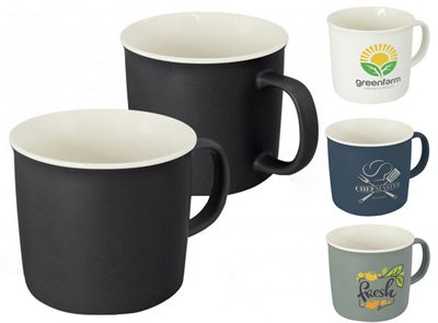 Essence 330ml Porcelain Coffee Mugs can be custom printed with your details.