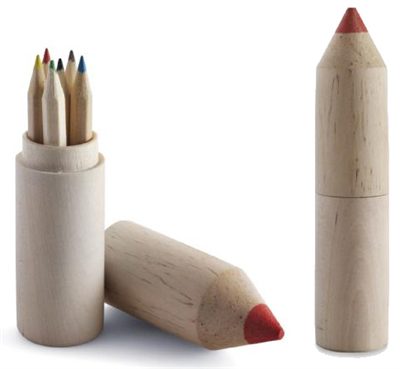 6 Colour Pencils In Wood Shaped Pencil Holder