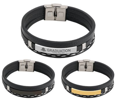 Leather Stitch Accent Layered Bracelet With Hook Buckle