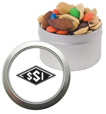 Round Window Tin Filled With Trail Mix