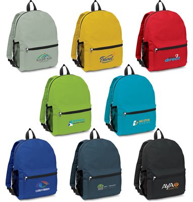 The custom southgate backpack comes in the colours Grey, Yellow, Red,